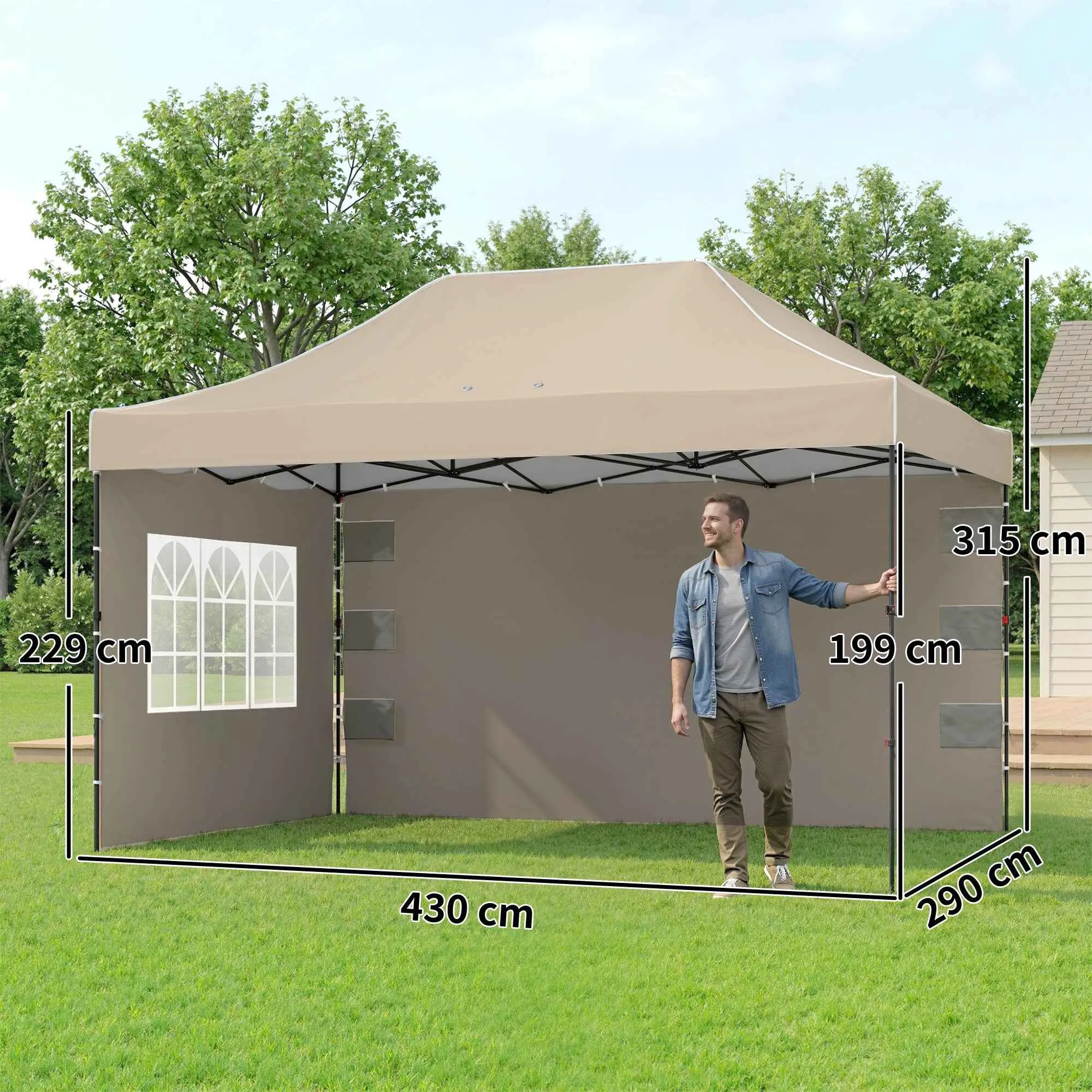 Outsunny Pop Up Folding Gazebo with Side Walls and Windows, 2.9 x 4.3 m, Metal and Oxford Fabric, Sand Brown - Image 3