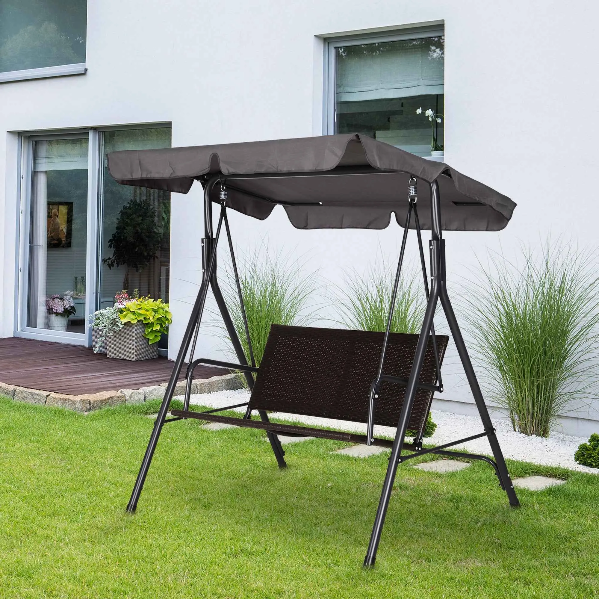 Outsunny 2-Seater Garden Swing with Adjustable Canopy, 140x110x151 cm, Brown and Grey - Image 2