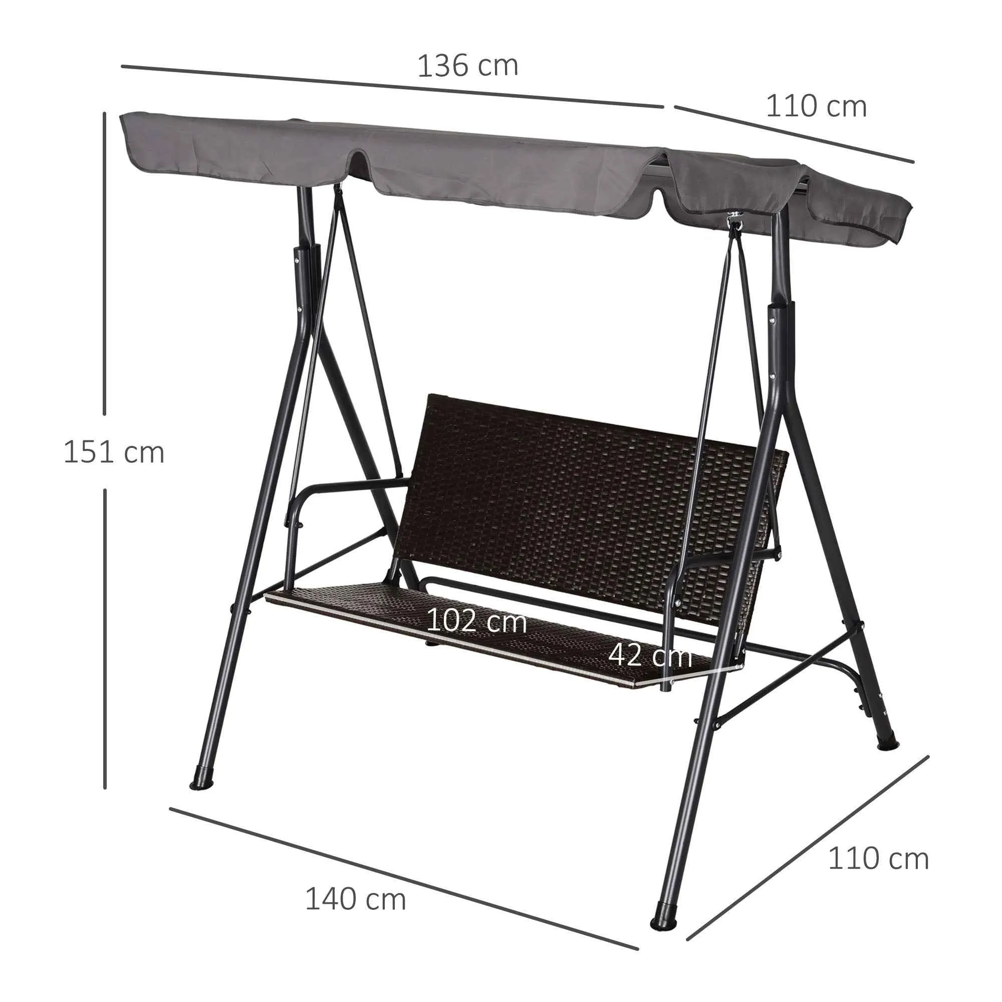 Outsunny 2-Seater Garden Swing with Adjustable Canopy, 140x110x151 cm, Brown and Grey - Image 3