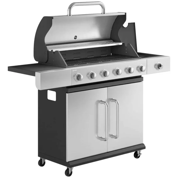 Outsunny Gas Barbecue, 6 Burners, Side Burner, Cast Iron Grill, Cabinet Included.