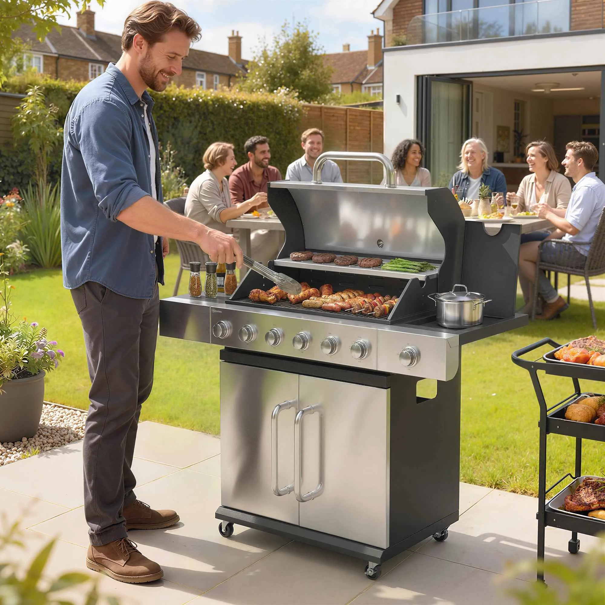 Outsunny Gas Barbecue, 6 Burners, Side Burner, Cast Iron Grill, Cabinet Included. - Image 2