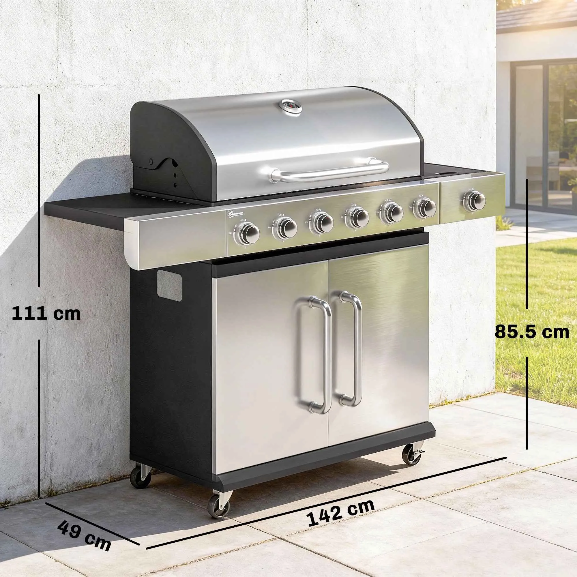 Outsunny Gas Barbecue, 6 Burners, Side Burner, Cast Iron Grill, Cabinet Included. - Image 3
