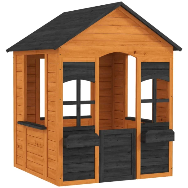 Kids Wooden Playhouse with Flower Pots, for Indoor/Outdoor Play, Ages 3–8, Brown