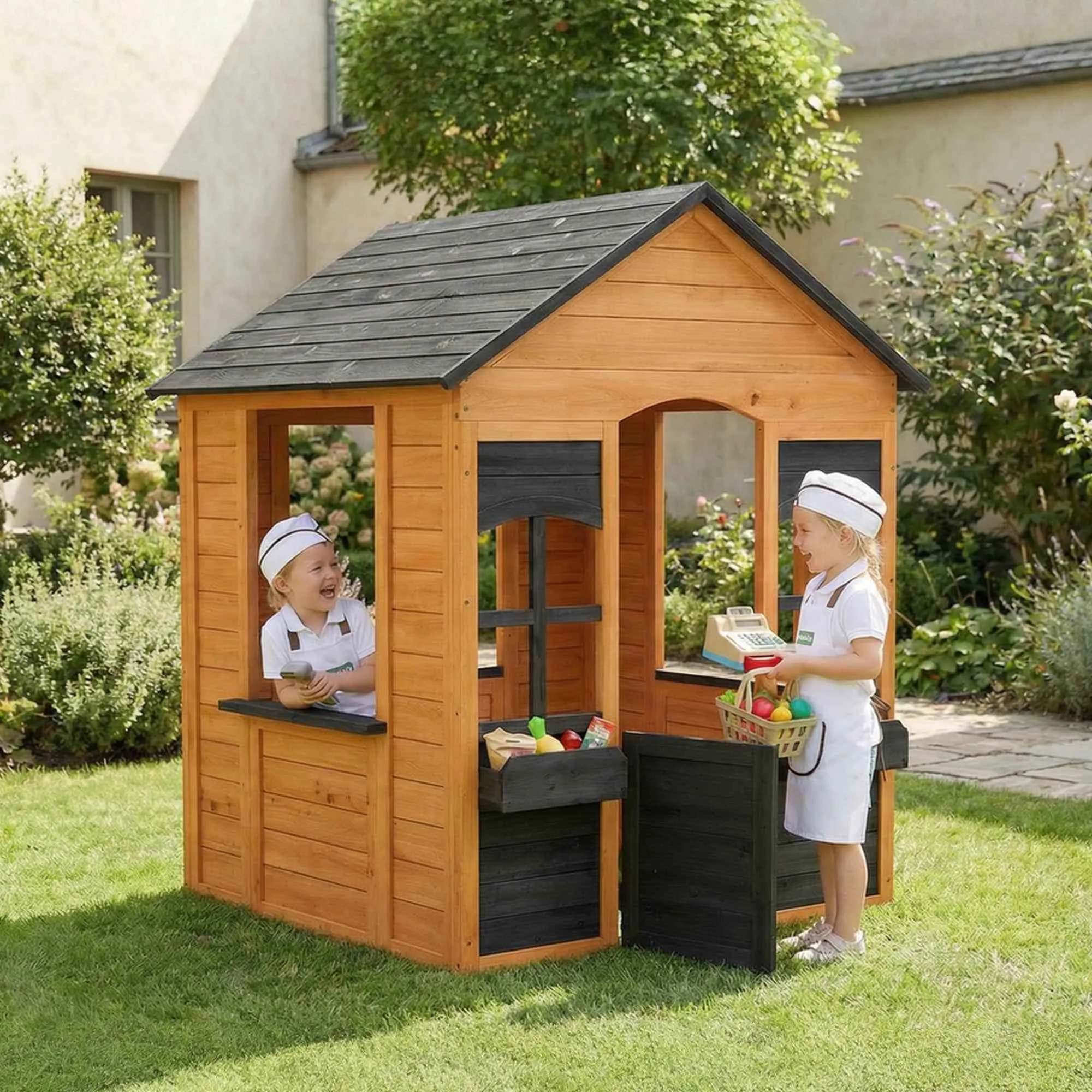 Kids Wooden Playhouse with Flower Pots, for Indoor/Outdoor Play, Ages 3–8, Brown - Image 2