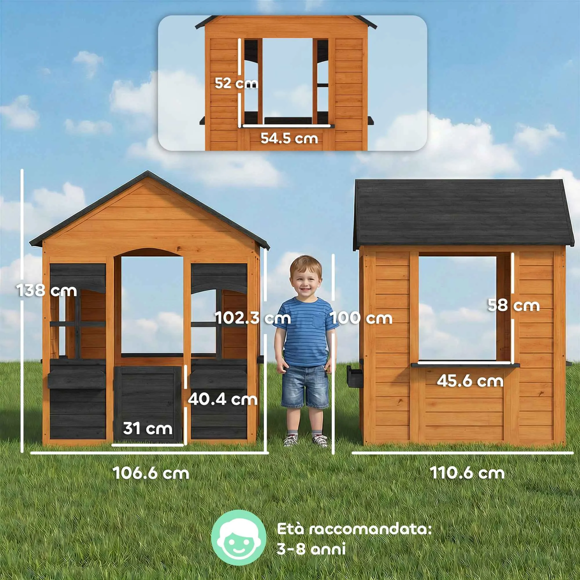 Kids Wooden Playhouse with Flower Pots, for Indoor/Outdoor Play, Ages 3–8, Brown - Image 3