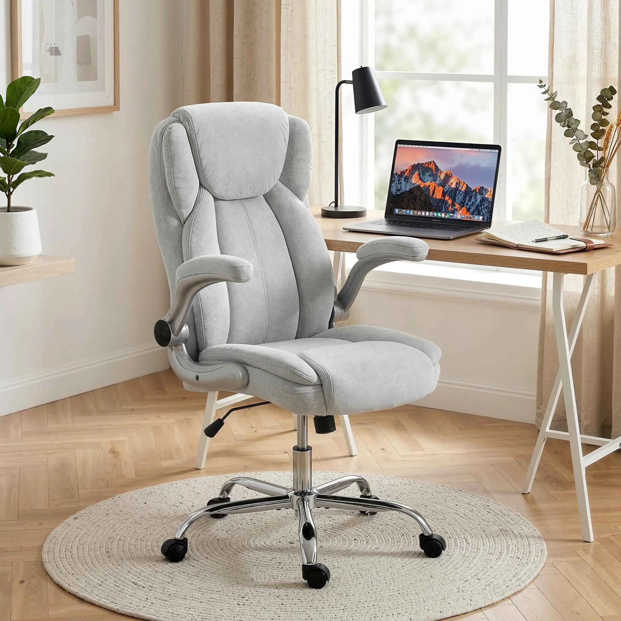 Ergonomic Chair, High Back, Printed Velvet, Foldable Armrests, Cream White - Image 2