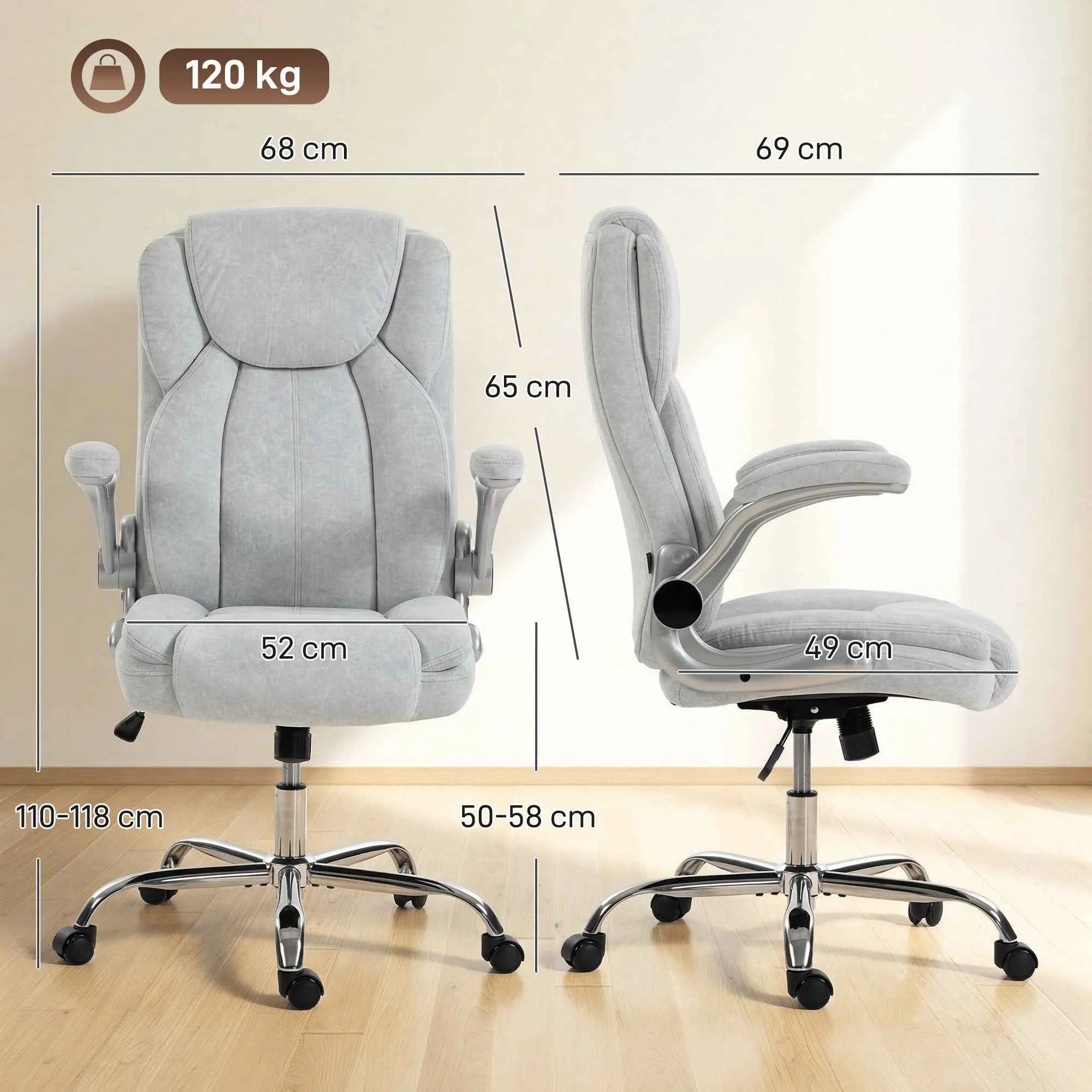 Ergonomic Chair, High Back, Printed Velvet, Foldable Armrests, Cream White - Image 3