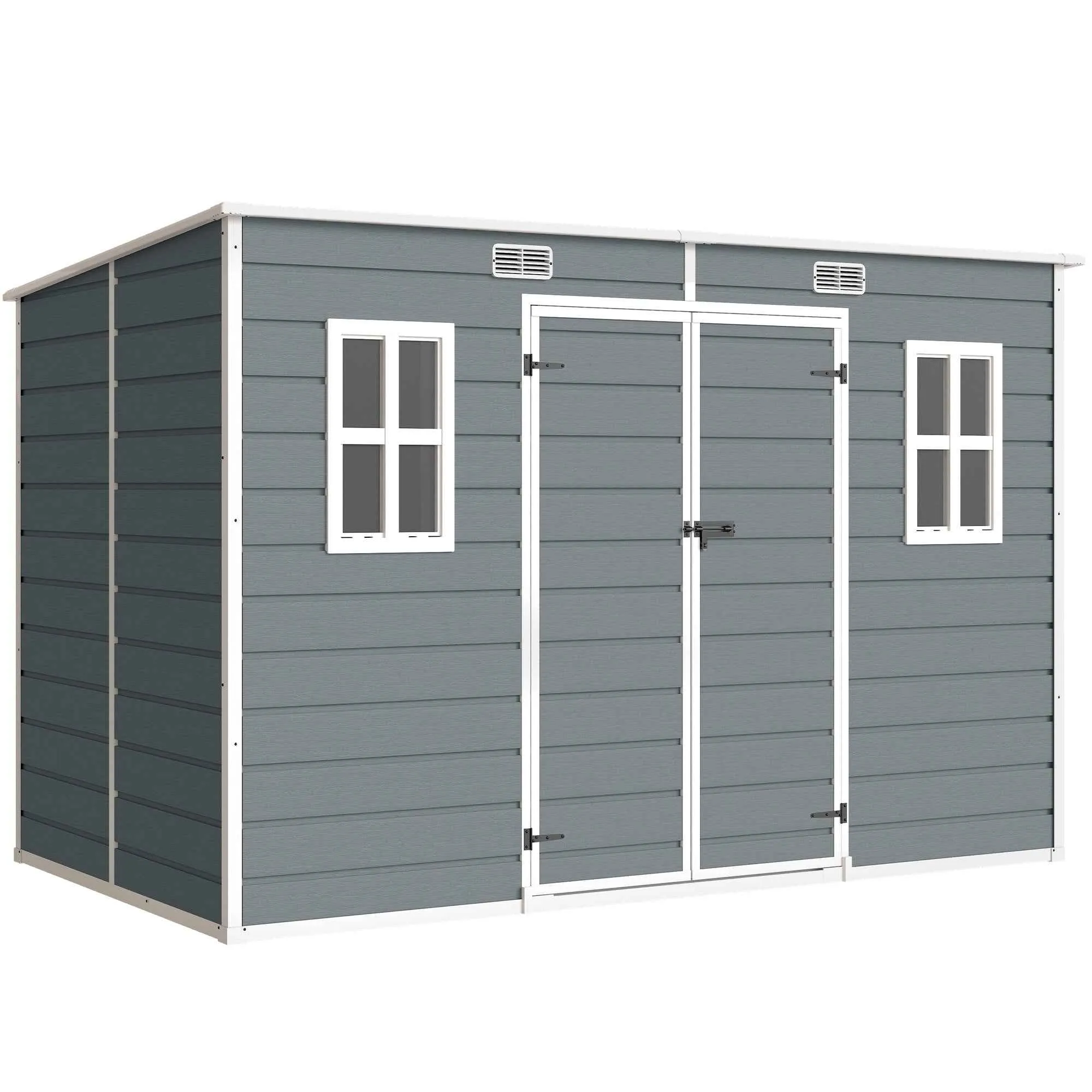 Outsunny 2-Door Tool Shed with Windows and Air Vents, Made of PP and Aluminum, 303x183x184 cm, Gray