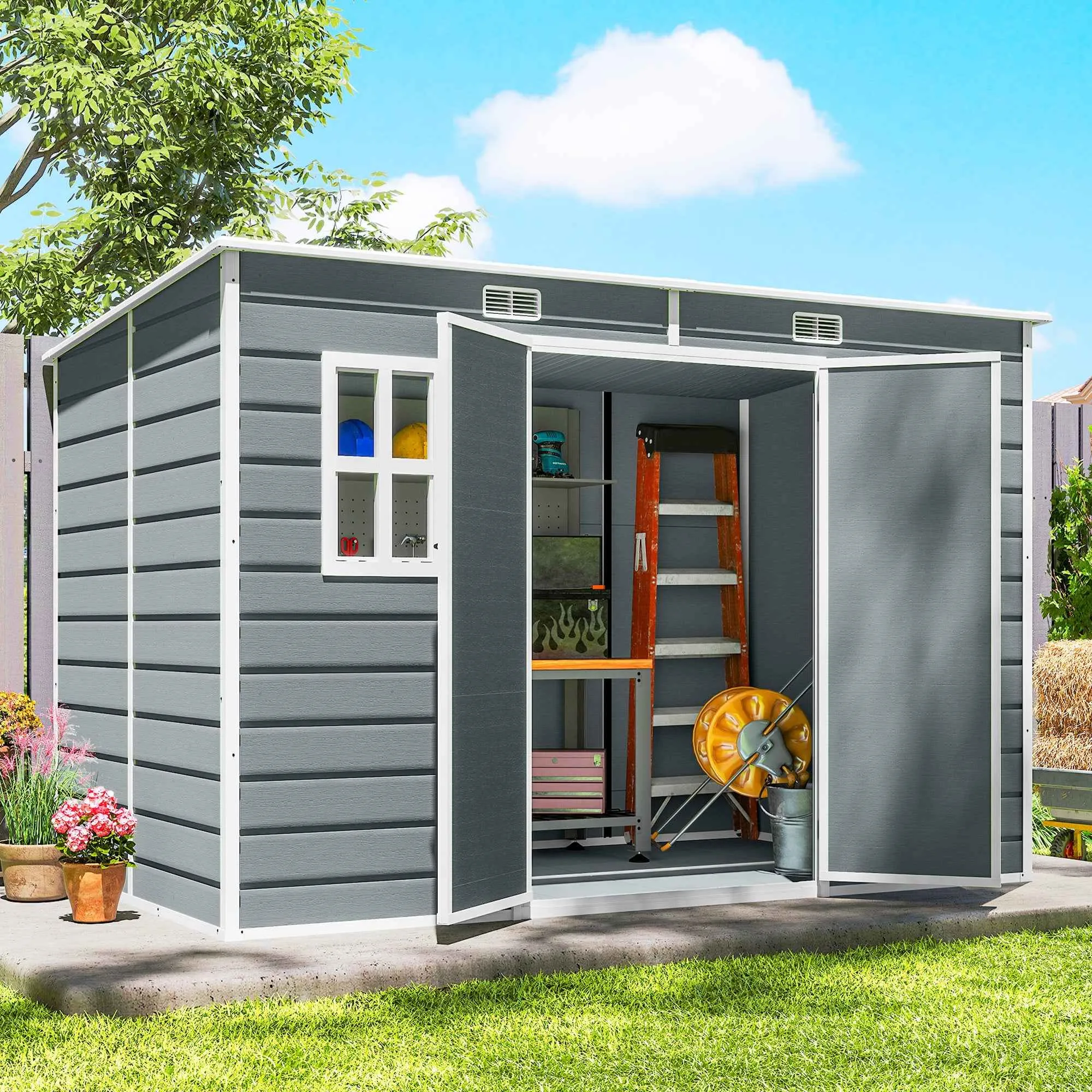 Outsunny 2-Door Tool Shed with Windows and Air Vents, Made of PP and Aluminum, 303x183x184 cm, Gray - Image 2