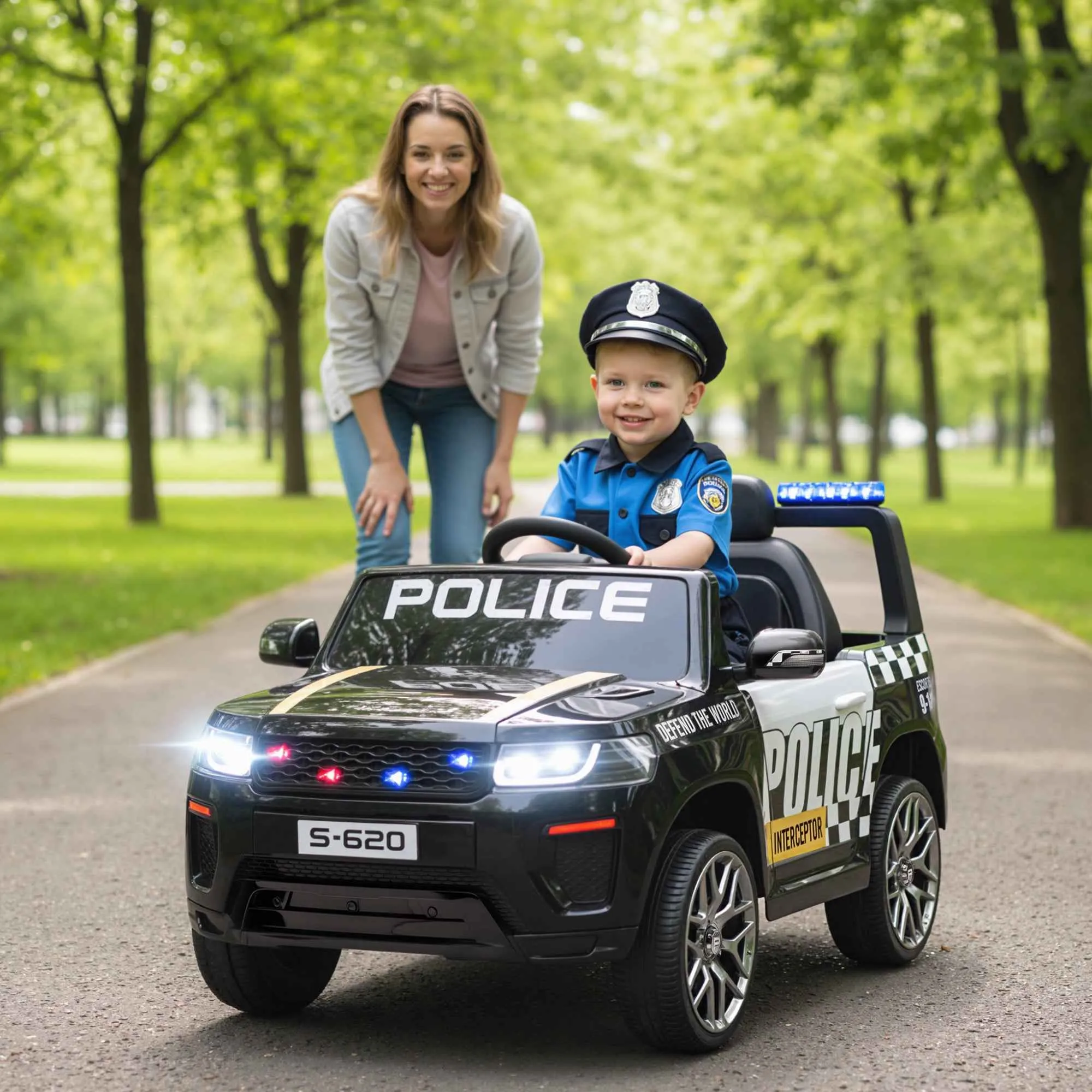 Kids Electric Police Car with Remote Control Dual Motors Siren 4-Wheel Suspension and Headlights Black - Image 2