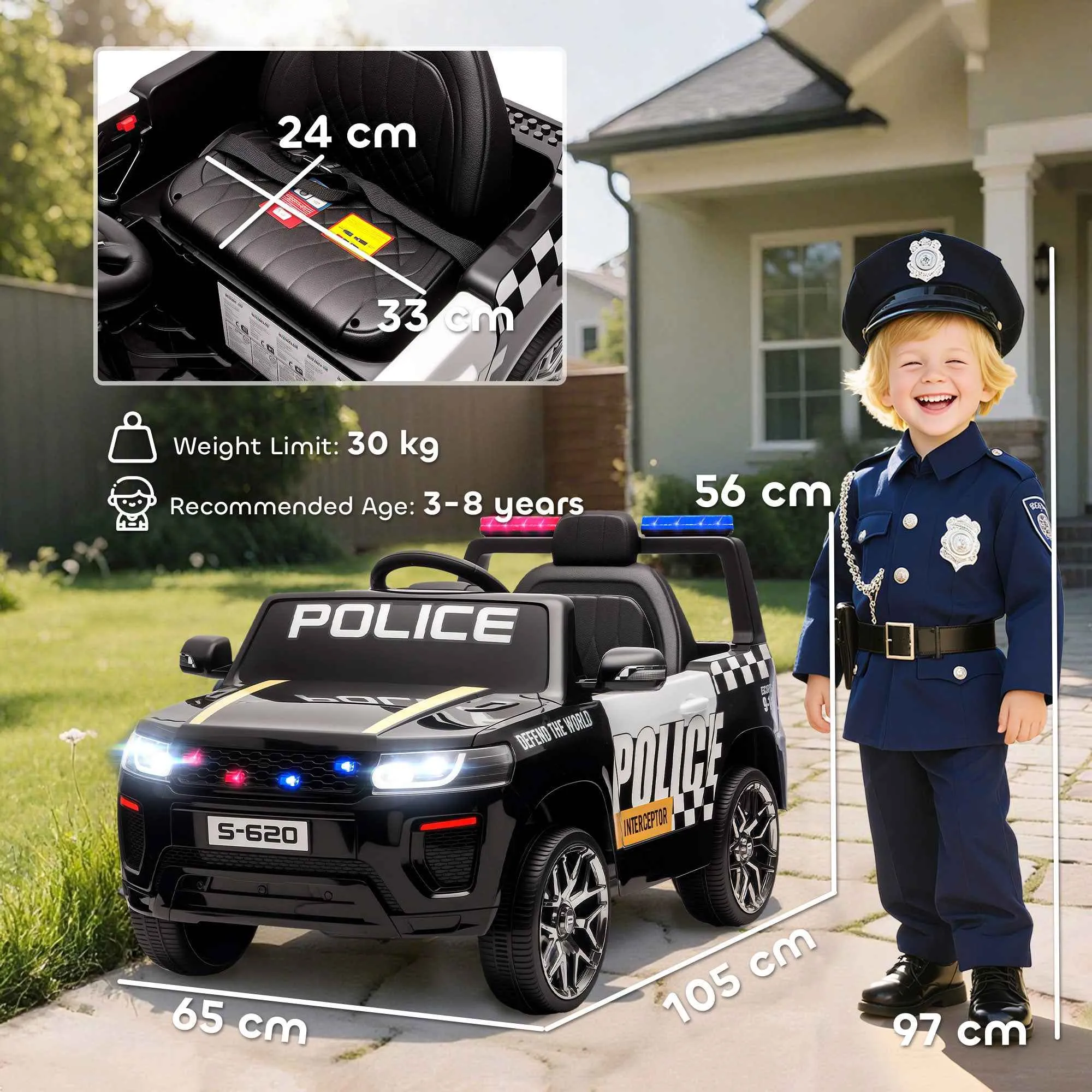 Kids Electric Police Car with Remote Control Dual Motors Siren 4-Wheel Suspension and Headlights Black - Image 3