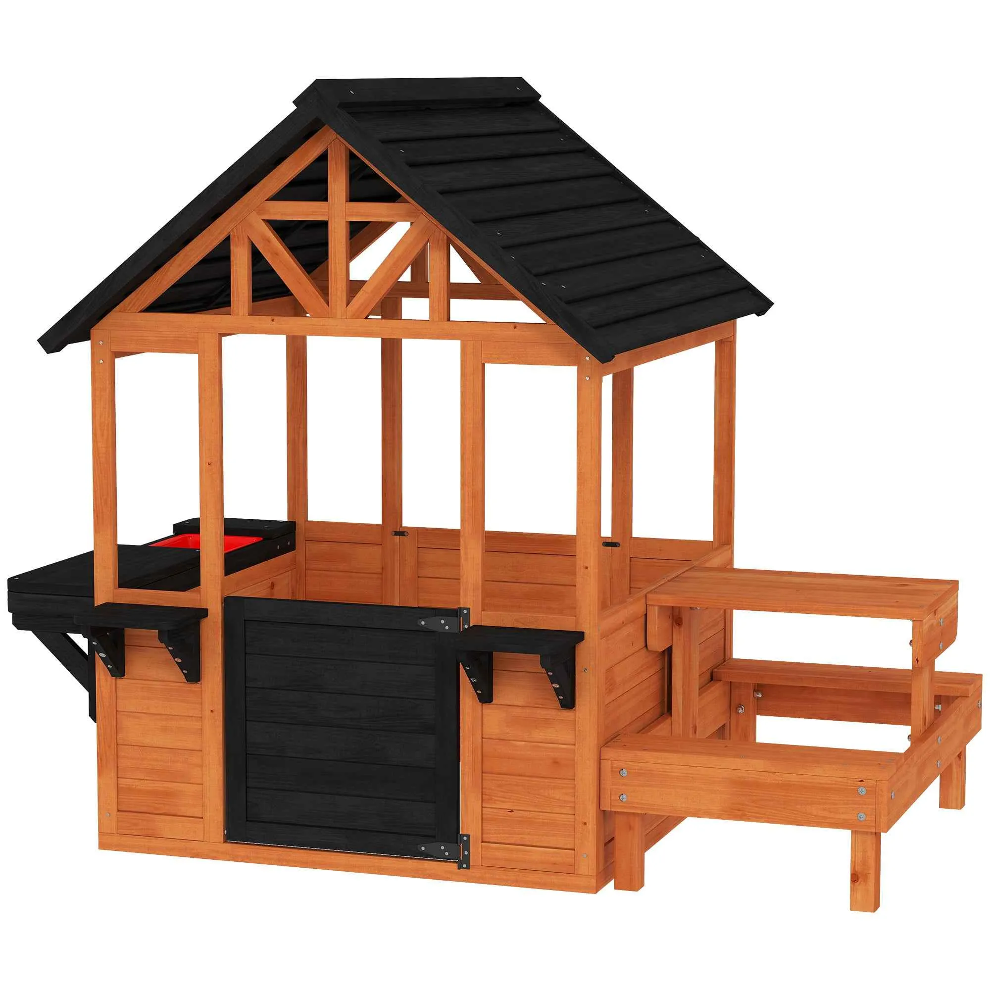 Wooden Playhouse, Indoor/Outdoor Playhouse for Children Ages 3-8 with Table and Benches, Brown