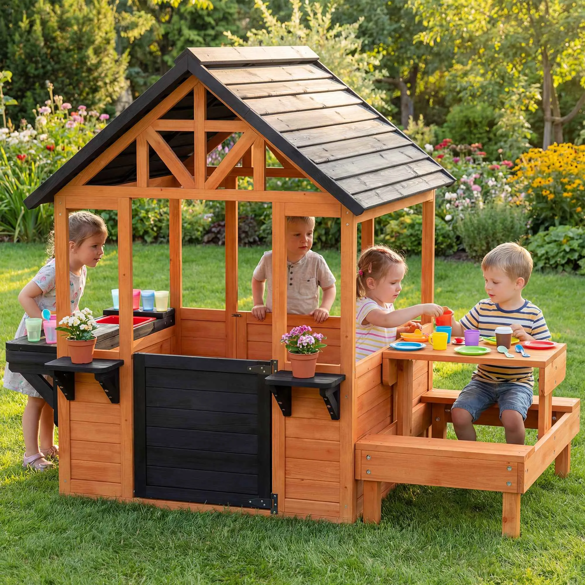 Wooden Playhouse, Indoor/Outdoor Playhouse for Children Ages 3-8 with Table and Benches, Brown - Image 2