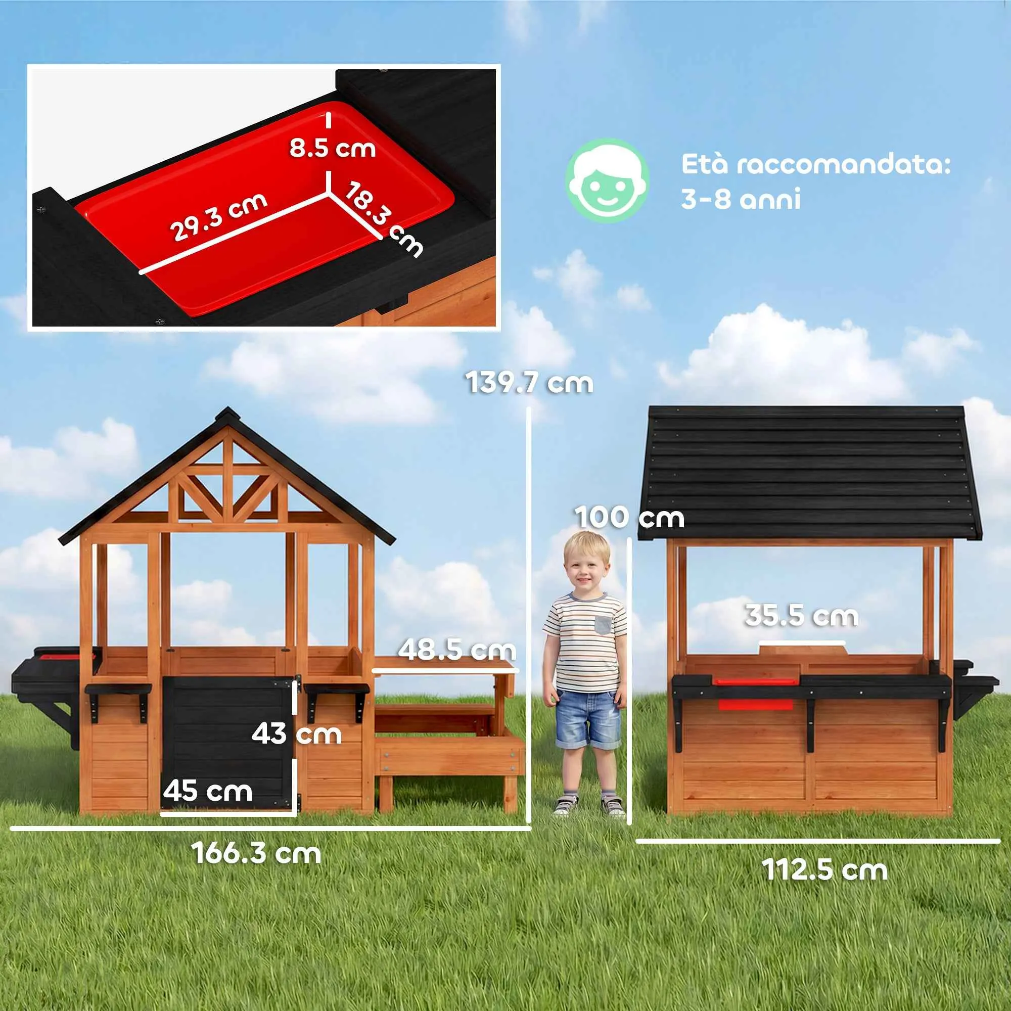 Wooden Playhouse, Indoor/Outdoor Playhouse for Children Ages 3-8 with Table and Benches, Brown - Image 3