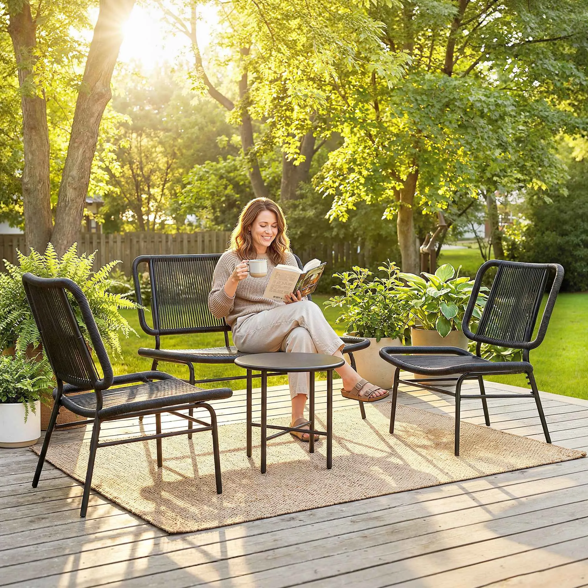 Outsunny 4-Piece Rattan Garden Furniture Set, Outdoor Sofa with Metal Coffee Table, Black - Image 2