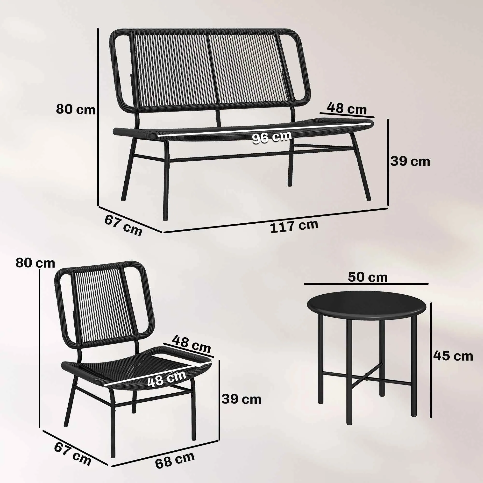 Outsunny 4-Piece Rattan Garden Furniture Set, Outdoor Sofa with Metal Coffee Table, Black - Image 3