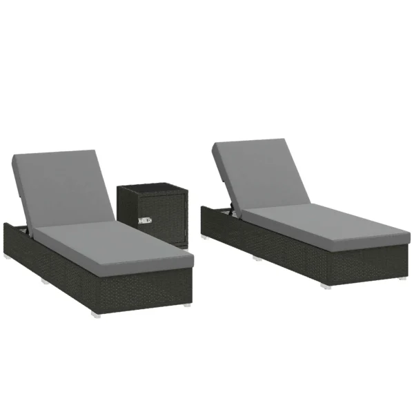 Outsunny Set of 2 Rattan Garden Loungers with Side Table and Adjustable Backrest, 184x60x22 cm, Dark Grey
