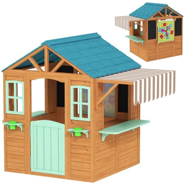 Children's Garden Playhouse with Window, Snack Bar, Half Door, Plant Stand, Target Cloth, 4 Balls, Blackboard