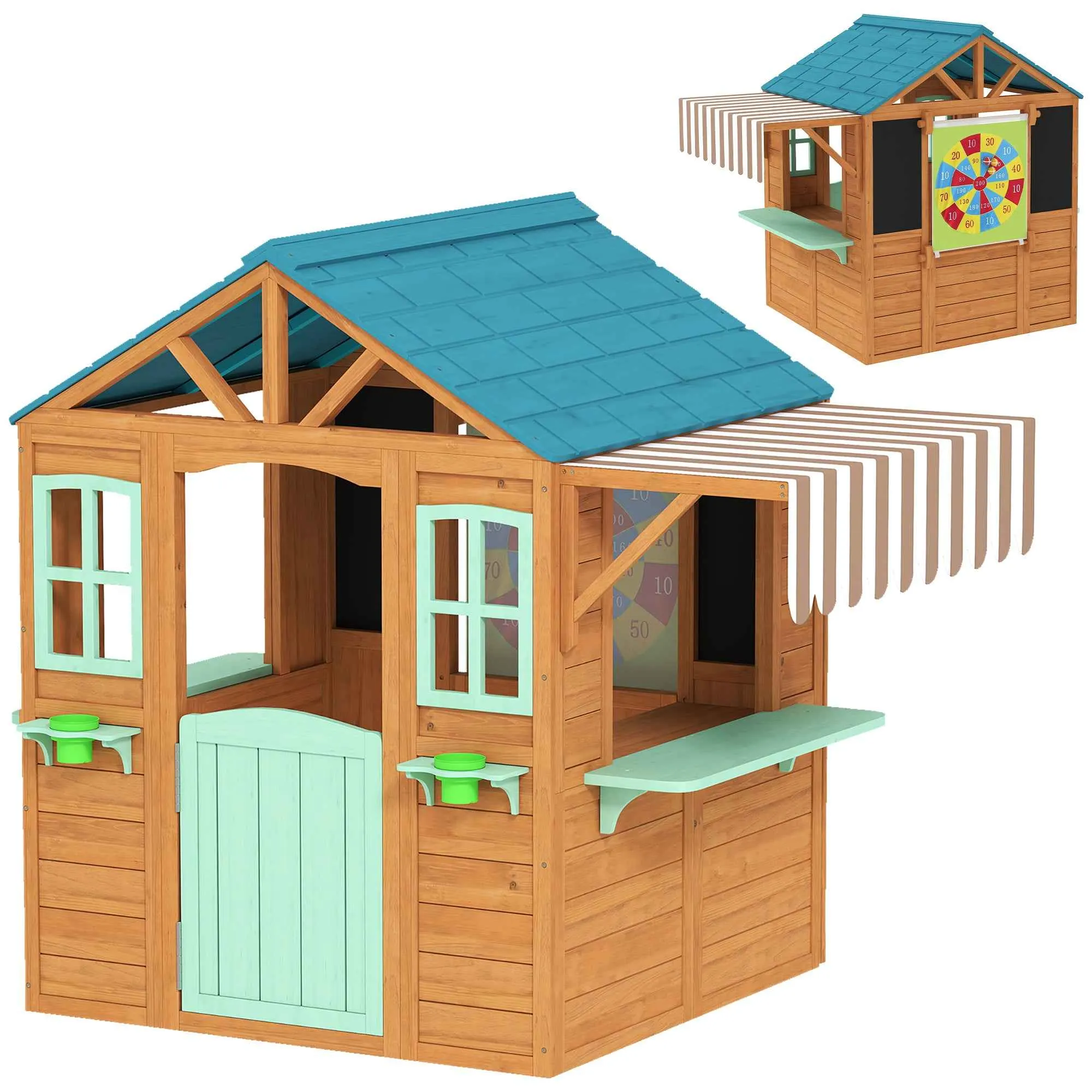 Children's Garden Playhouse with Window, Snack Bar, Half Door, Plant Stand, Target Cloth, 4 Balls, Blackboard