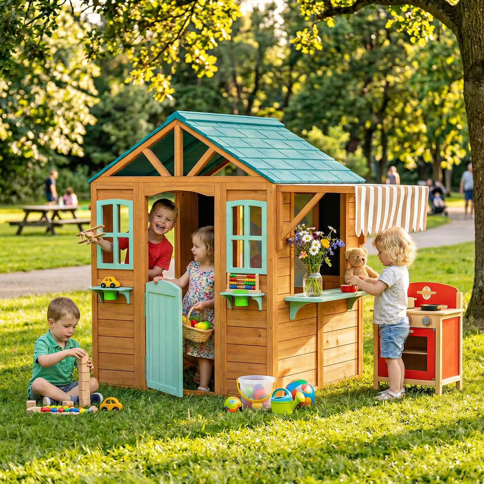 Children's Garden Playhouse with Window, Snack Bar, Half Door, Plant Stand, Target Cloth, 4 Balls, Blackboard - Image 2