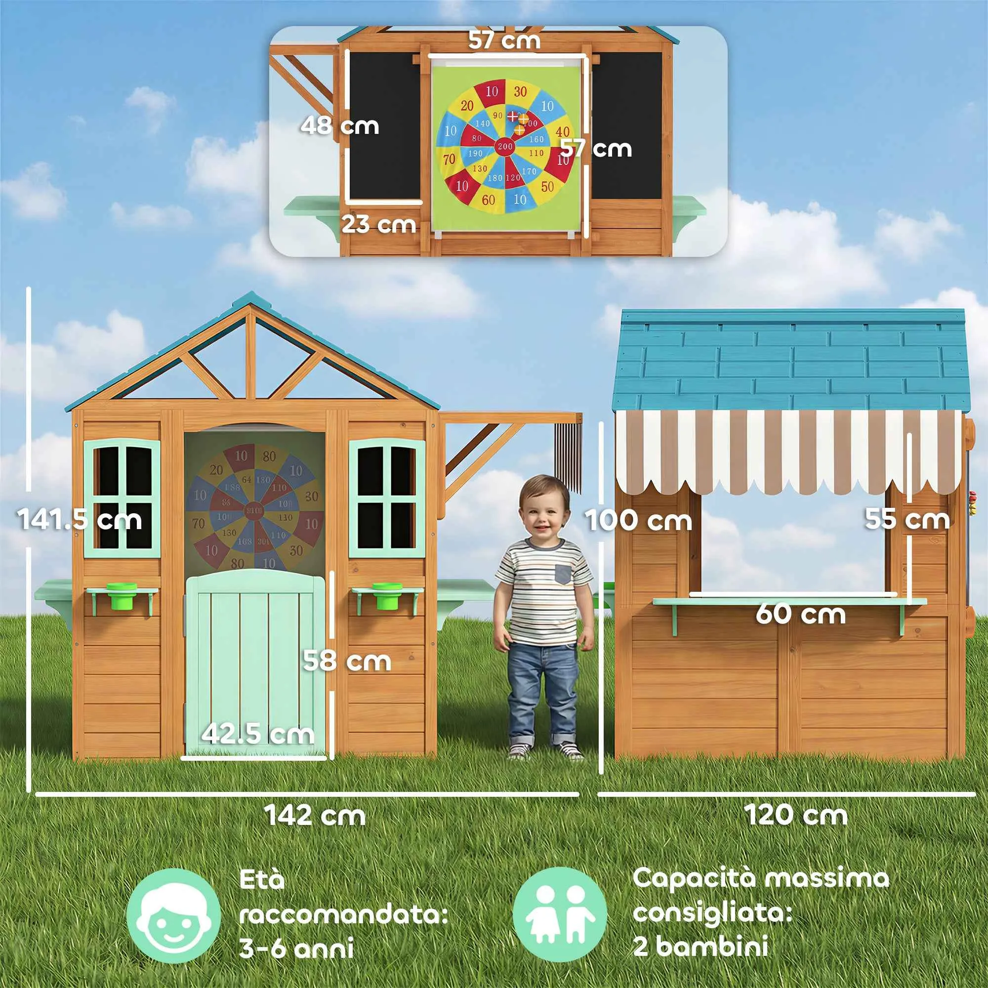 Children's Garden Playhouse with Window, Snack Bar, Half Door, Plant Stand, Target Cloth, 4 Balls, Blackboard - Image 3