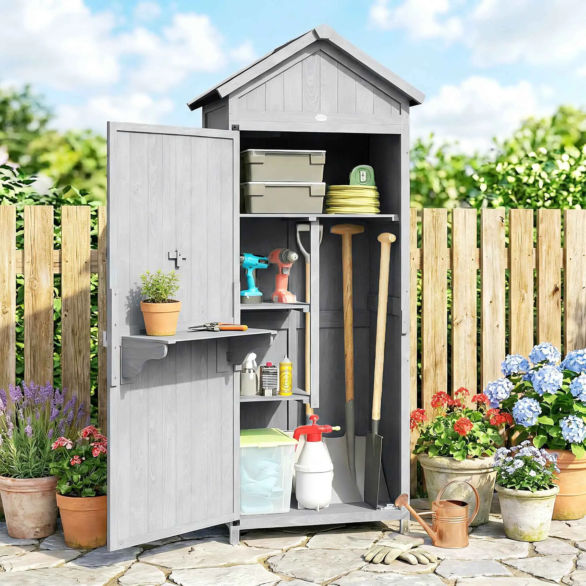 Outsunny Wooden Shed, 77x52.5x178cm, Wardrobe with Folding Workbench - Image 2