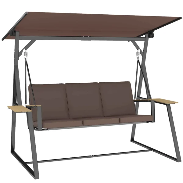 Outsunny 3-Seater Garden Swing with Adjustable Canopy, Outdoor Metal Swing with Cup Holder Trays, Padded Cushions, Load Capacity 360kg, for Terrace Balcony, 222x131x175cm, Brown