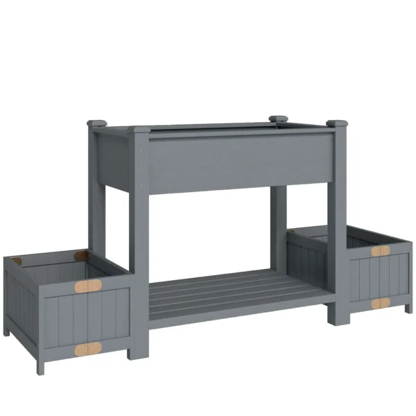 Outsunny Raised Planter with 2 Side Pots and Tool Shelf, in Fir Wood, 149x46x76 cm, Grey