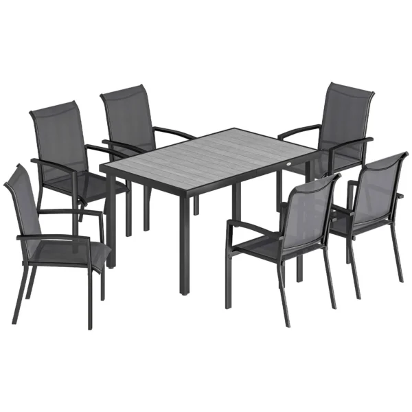 Outsunny 7-Piece Outdoor Set with 2-Section Garden Table and 6 Stackable Texteline Chairs, Grey