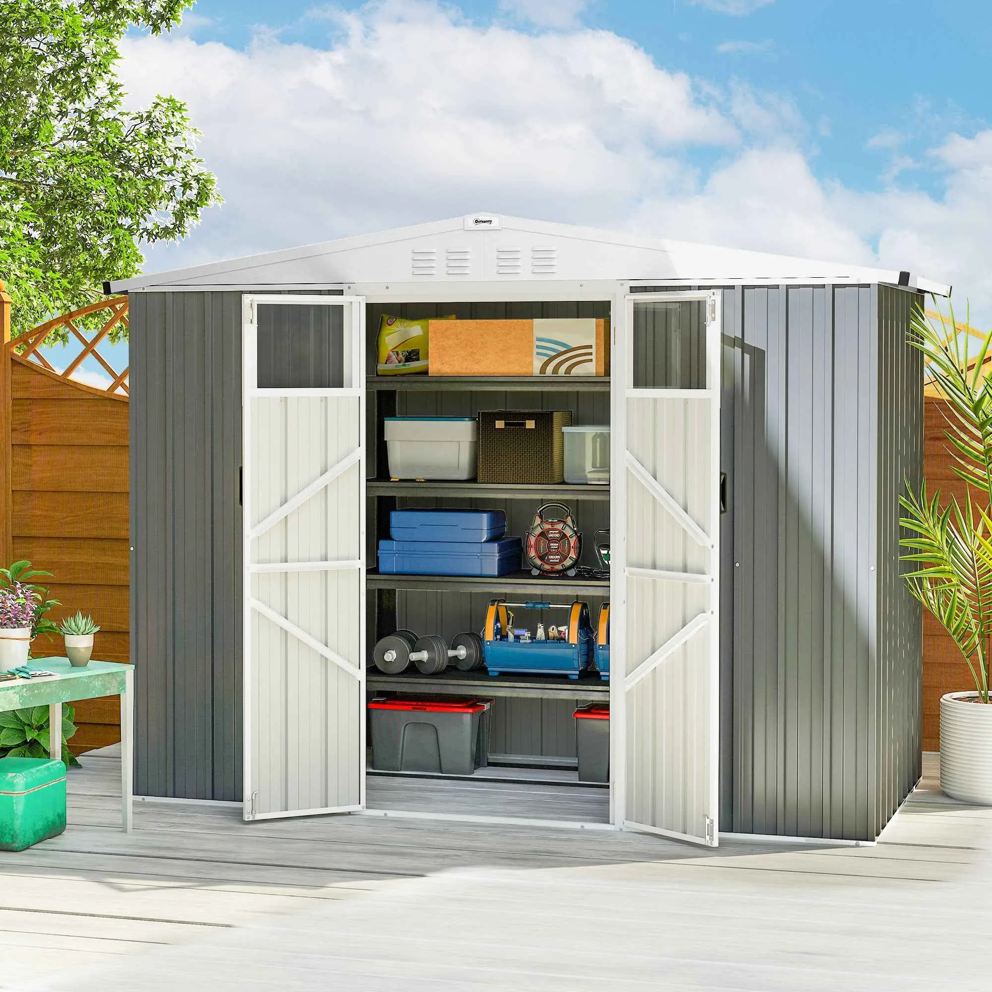 Outsunny Galvanized Steel Garden Storage Shed with 2 Doors, 246x117x180 cm, Light Grey - Image 2