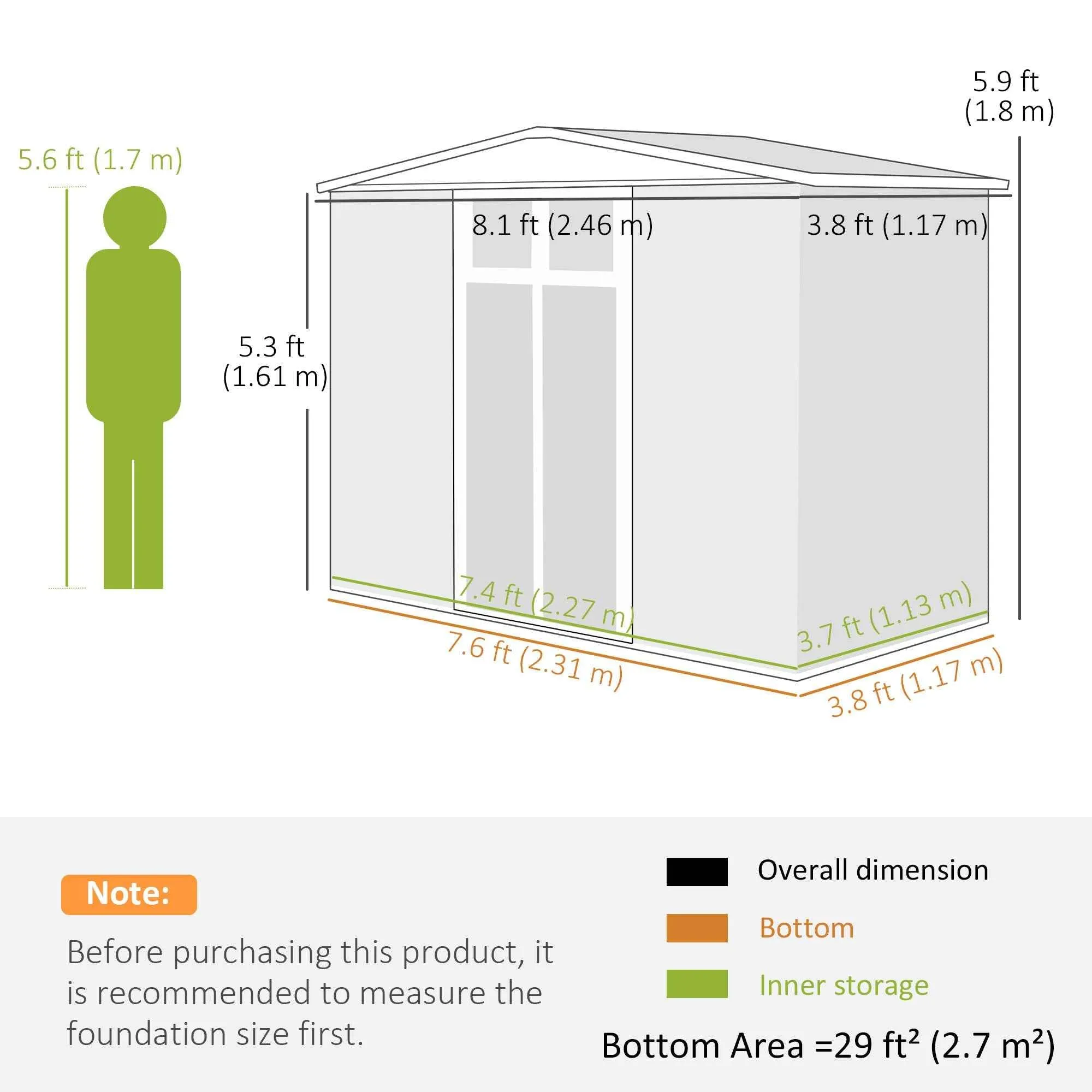 Outsunny Galvanized Steel Garden Storage Shed with 2 Doors, 246x117x180 cm, Light Grey - Image 3