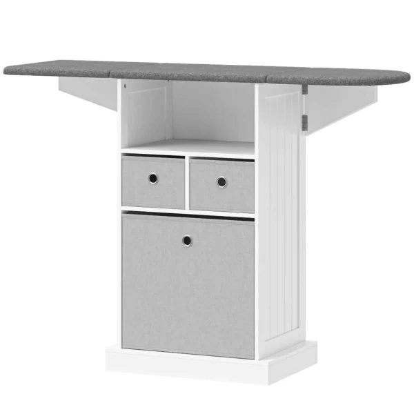 Folding Ironing Board with Wheels, Open Shelf and 3 Drawers, 121 x 37 x 89.5 cm, White and Grey