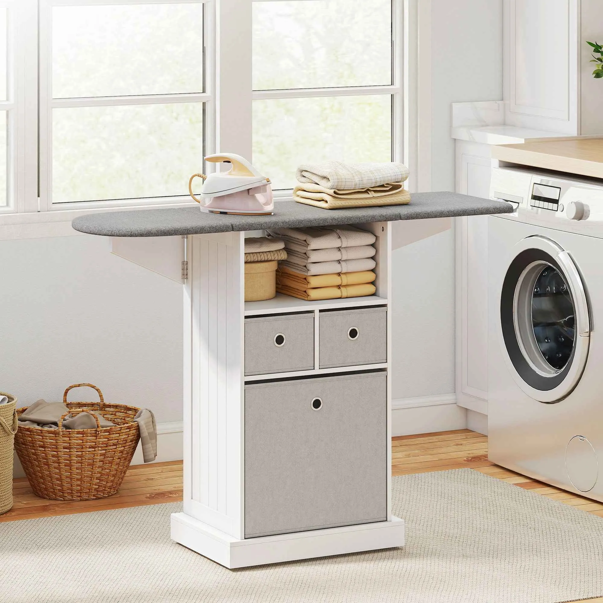 Folding Ironing Board with Wheels, Open Shelf and 3 Drawers, 121 x 37 x 89.5 cm, White and Grey - Image 2