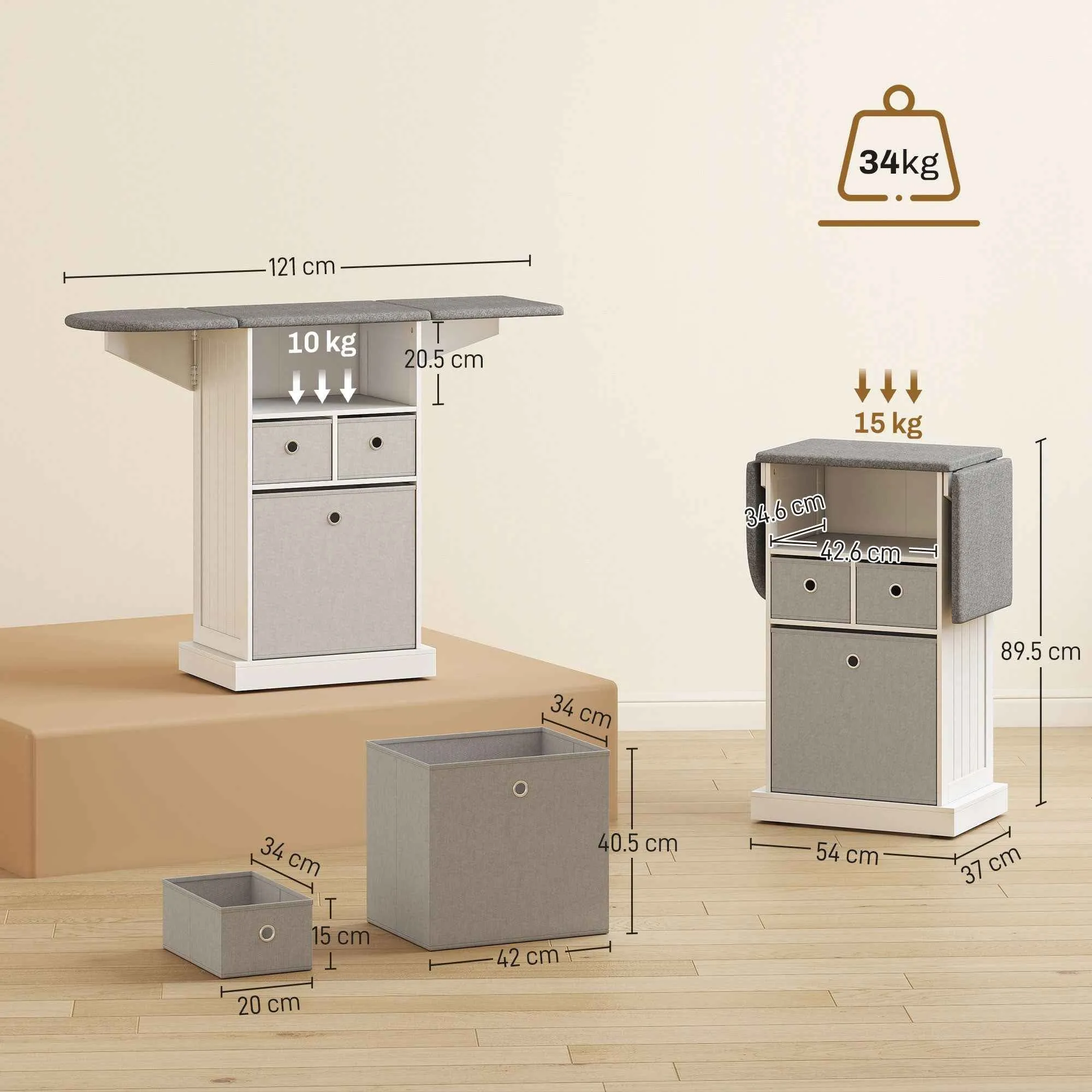 Folding Ironing Board with Wheels, Open Shelf and 3 Drawers, 121 x 37 x 89.5 cm, White and Grey - Image 3