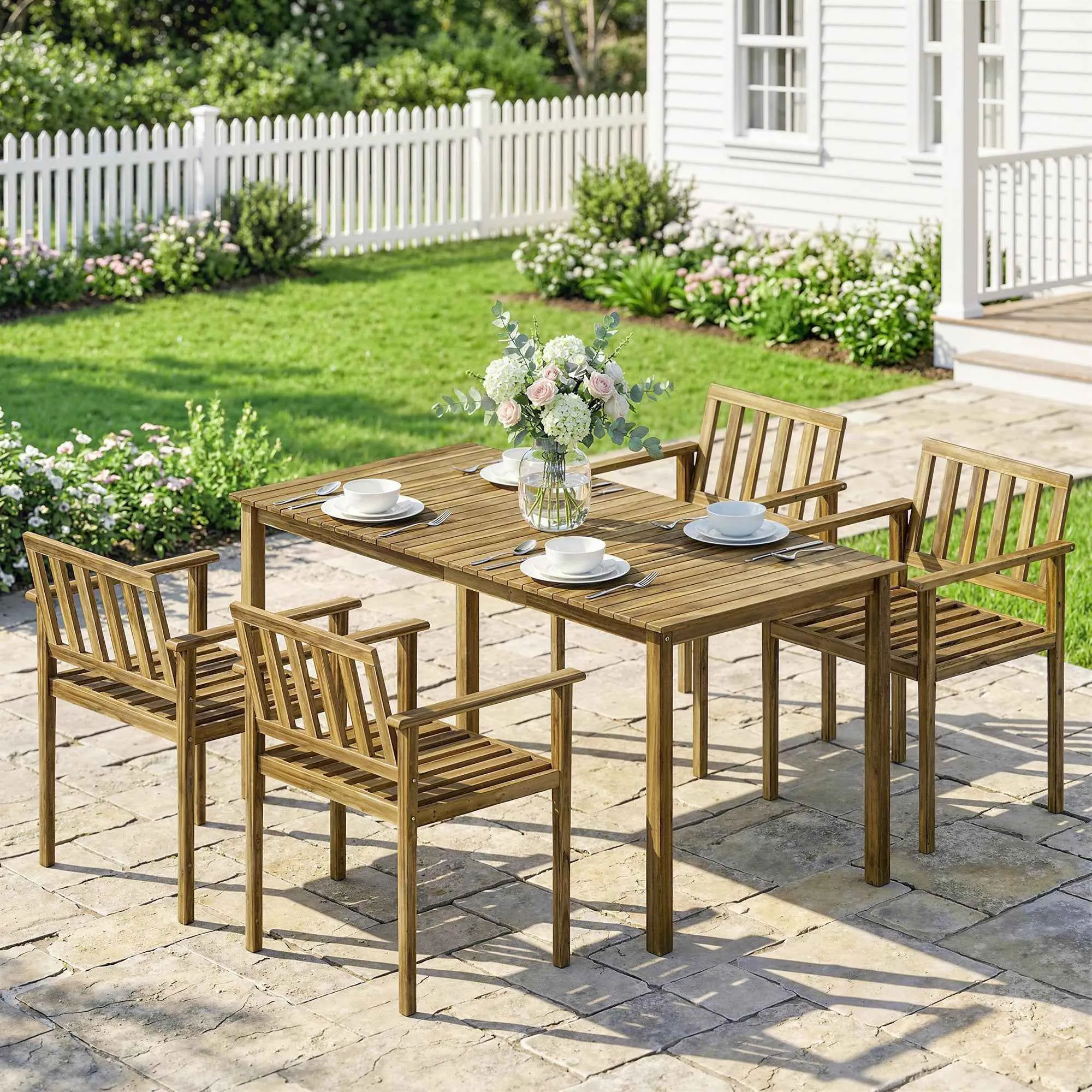 Outsunny 5-Piece Garden Dining Set, Table and Chairs for 4, Teak - Image 2