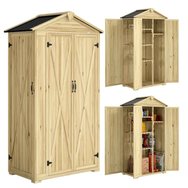 Outsunny 3-Door Garden Cabinet with 4 Shelves and Hooks, in Fir Wood, 93x53x168 cm, Wood Color