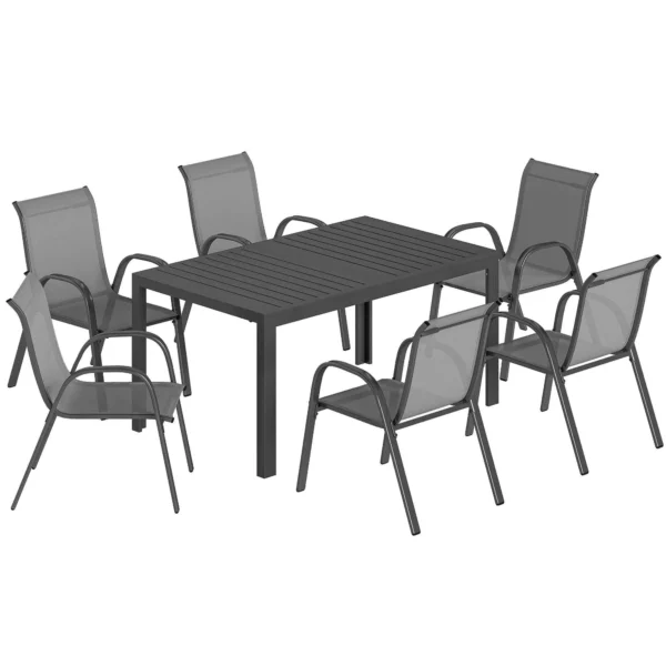 Outsunny Steel Outdoor Set with Rectangular Table and 6 Stackable Texteline Chairs, Light Grey
