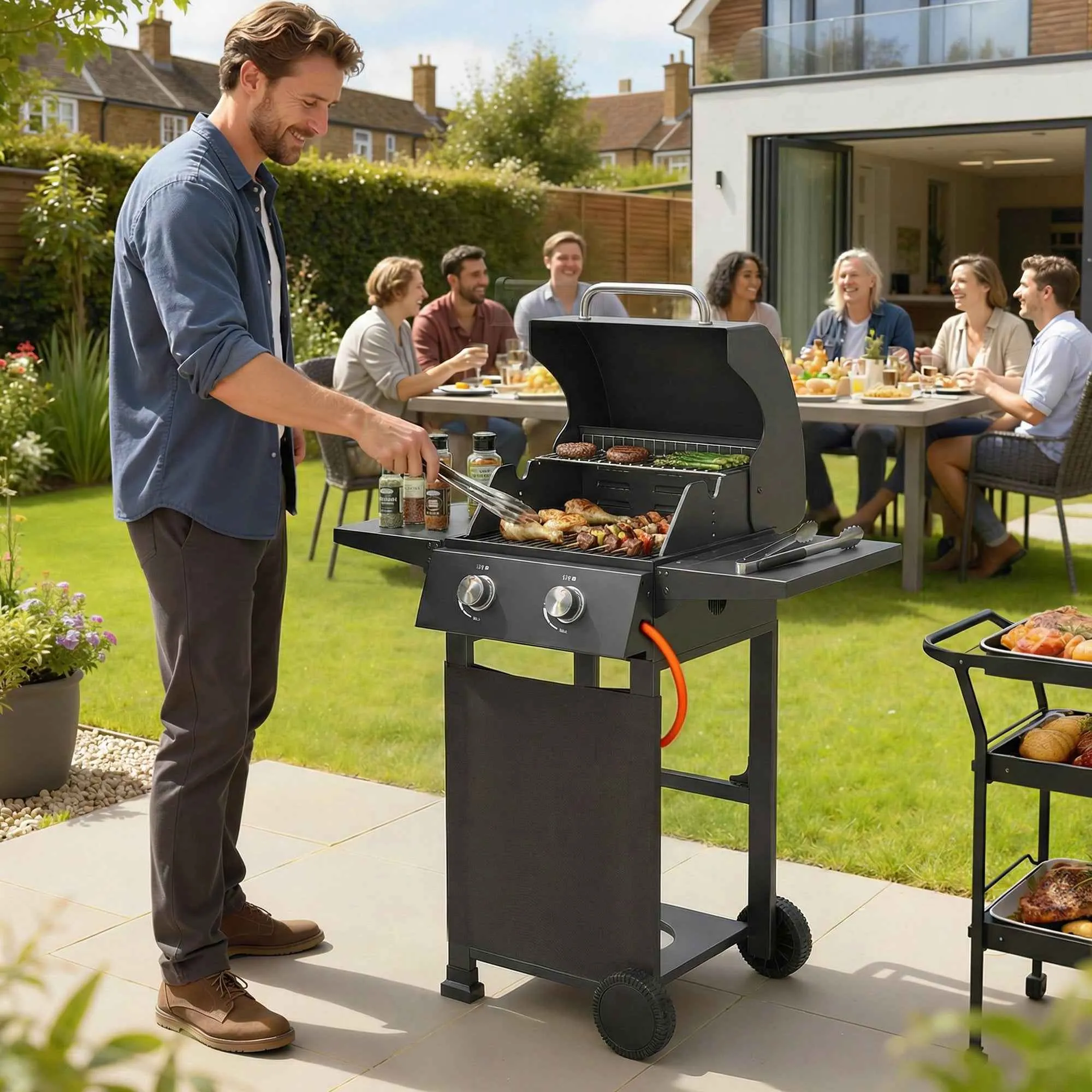 Outsunny 2-Burner Portable Propane Gas Grill with Thermometer, Black - Image 2