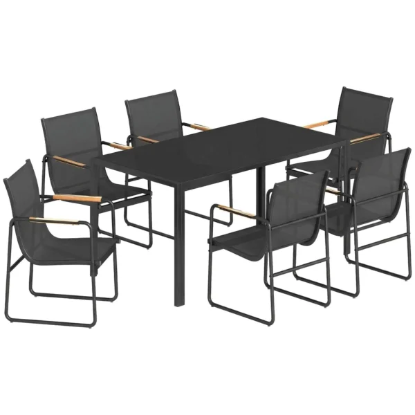 Outsunny Garden Table and 6 Chair Set with Steel and Glass Armrests, Black