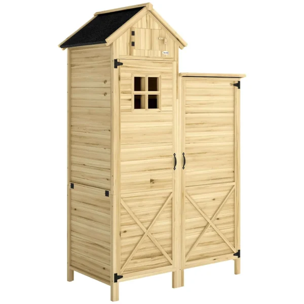 Outsunny 2-Zone Tool Shed with Adjustable Shelves and Window, Fir Wood, 106x57x167 cm, Wood Color