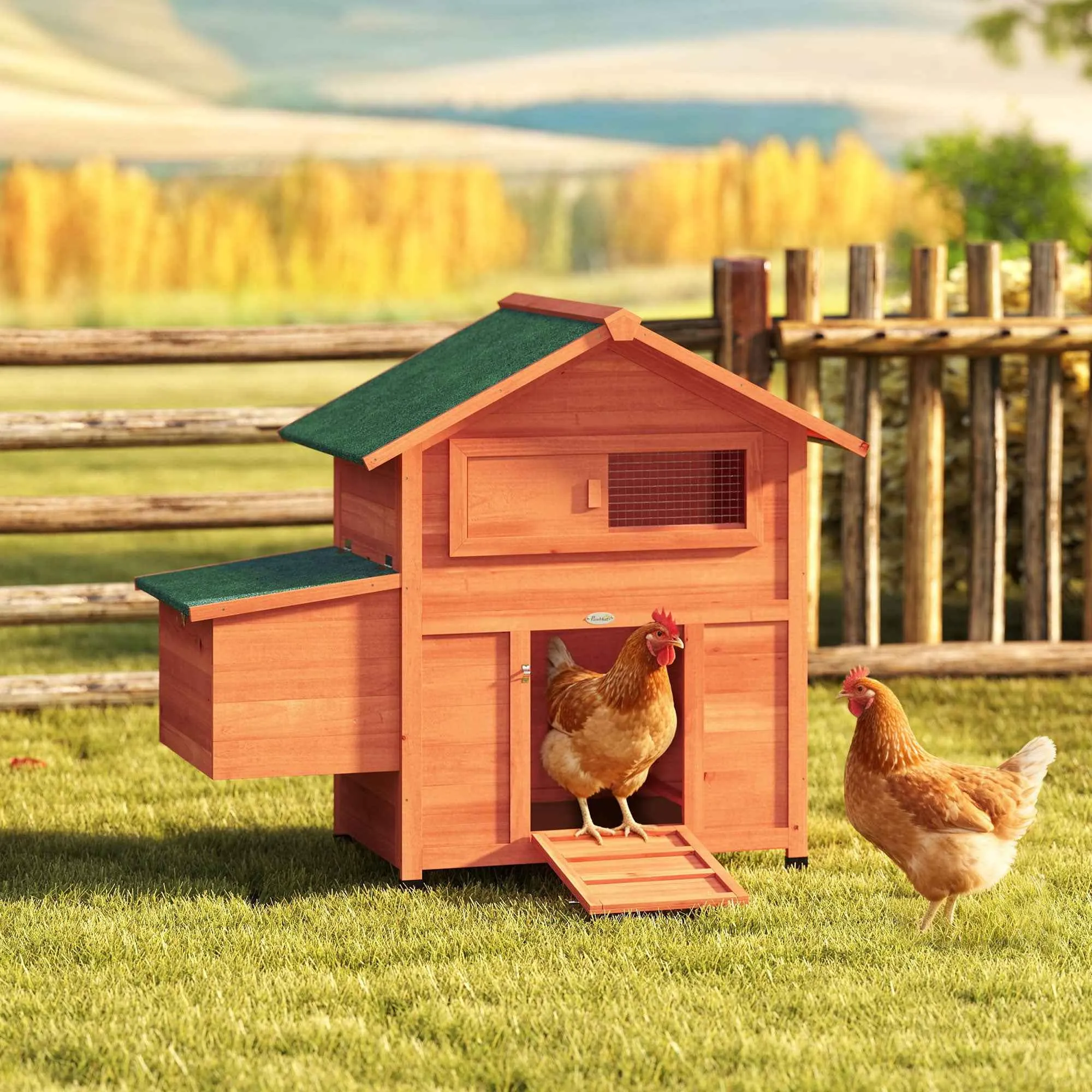 PawHut Wooden Chicken Coop with Nest, Waterproof Roof, Removable Tray, 2 Perches, Ramp, Window, for 2 Chickens, Ducks, Orange - Image 2