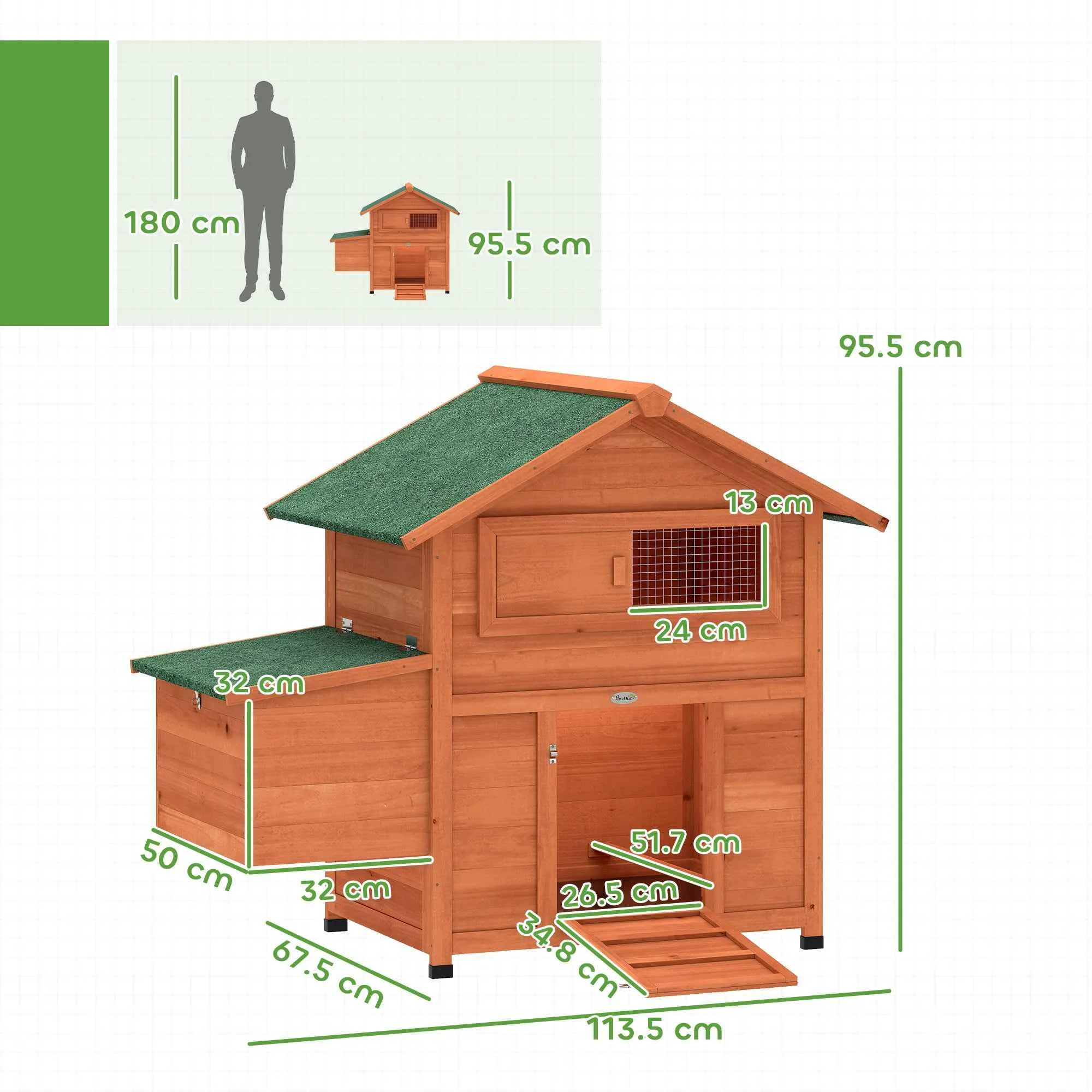 PawHut Wooden Chicken Coop with Nest, Waterproof Roof, Removable Tray, 2 Perches, Ramp, Window, for 2 Chickens, Ducks, Orange - Image 3
