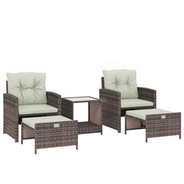 Outsunny 5-Piece Rattan and Steel Outdoor Set with 2 Ottomans, 2 Chairs and 2-Tier Coffee Table, Brown and Cream