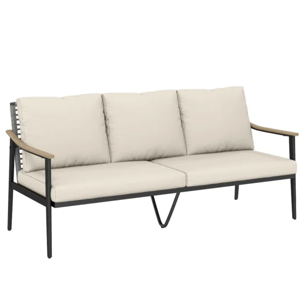 Outsunny 3-Seater Rattan Outdoor Sofa with Wood-Effect Armrests and Backrest, for Porch, Patio, Khaki
