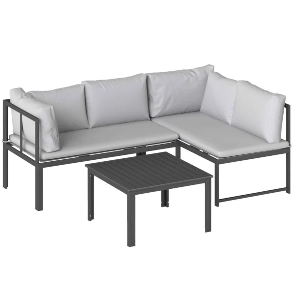 Outsunny 3-Piece Garden Set with 4-Seater Corner Sofa and Slatted Coffee Table, in Metal and Grey Polyester