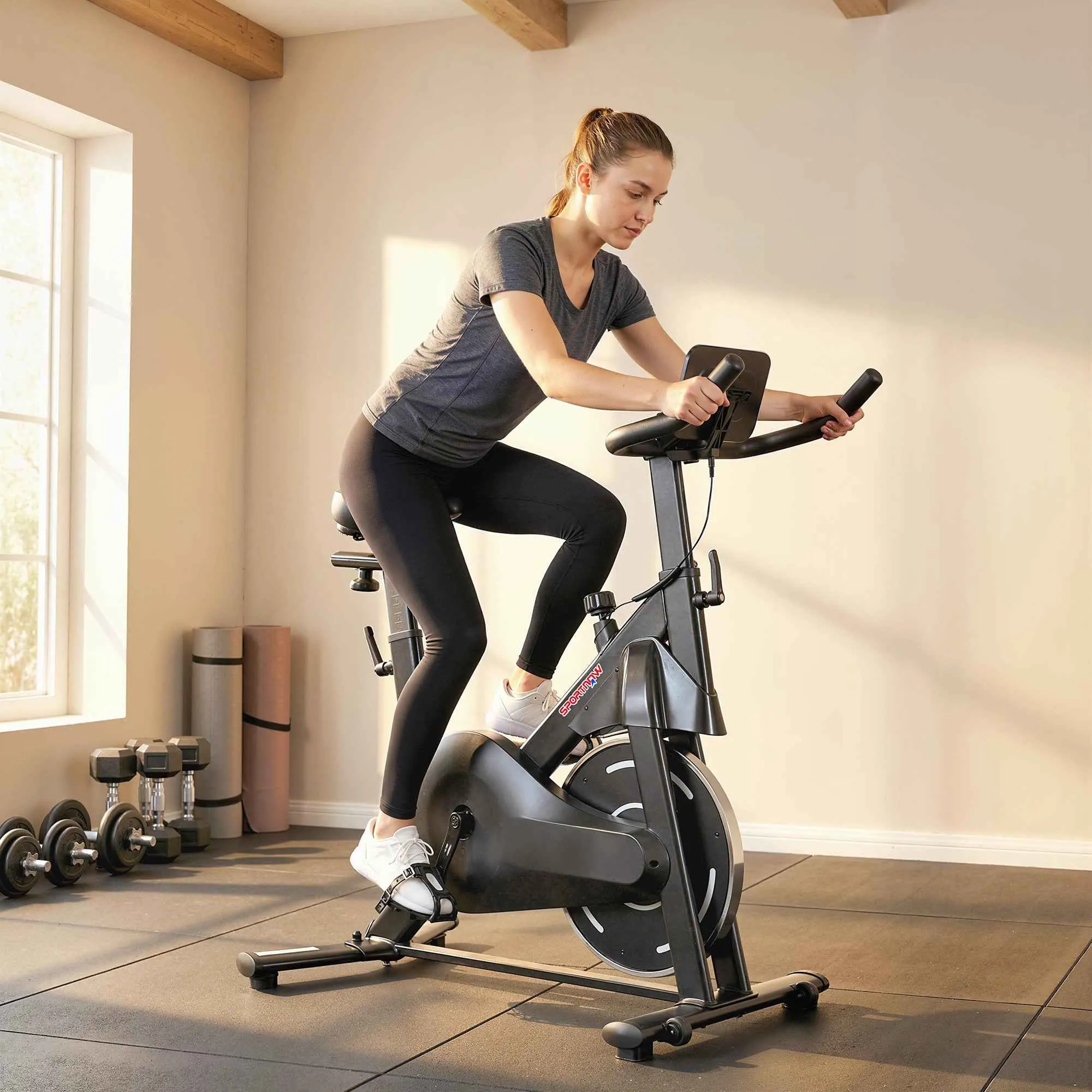 SPORTNOW Adjustable Magnetic Exercise Bike with LCD Display and Tablet Holder, Made of Steel and ABS, 103x49x98-112 cm, Black - Image 2