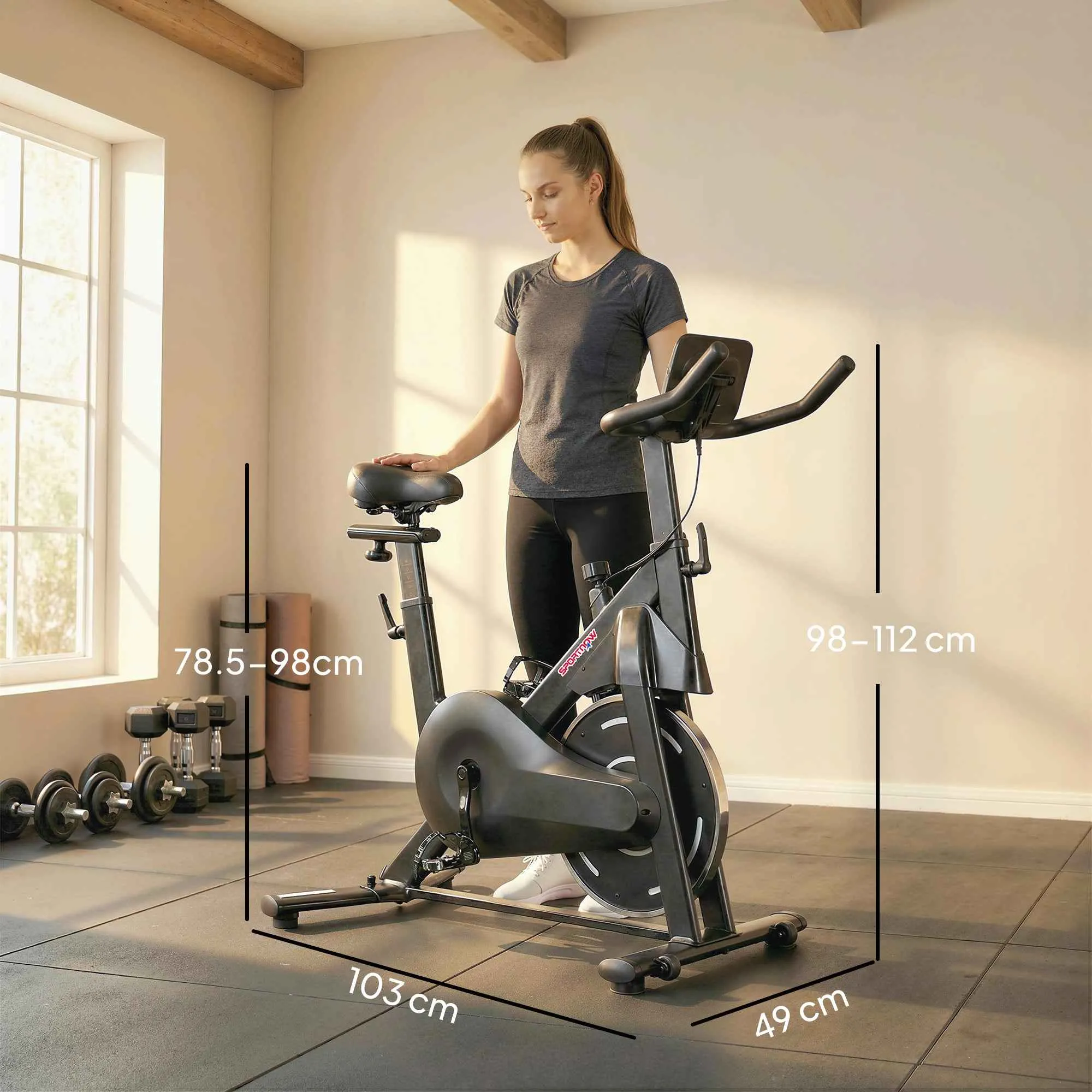 SPORTNOW Adjustable Magnetic Exercise Bike with LCD Display and Tablet Holder, Made of Steel and ABS, 103x49x98-112 cm, Black - Image 3