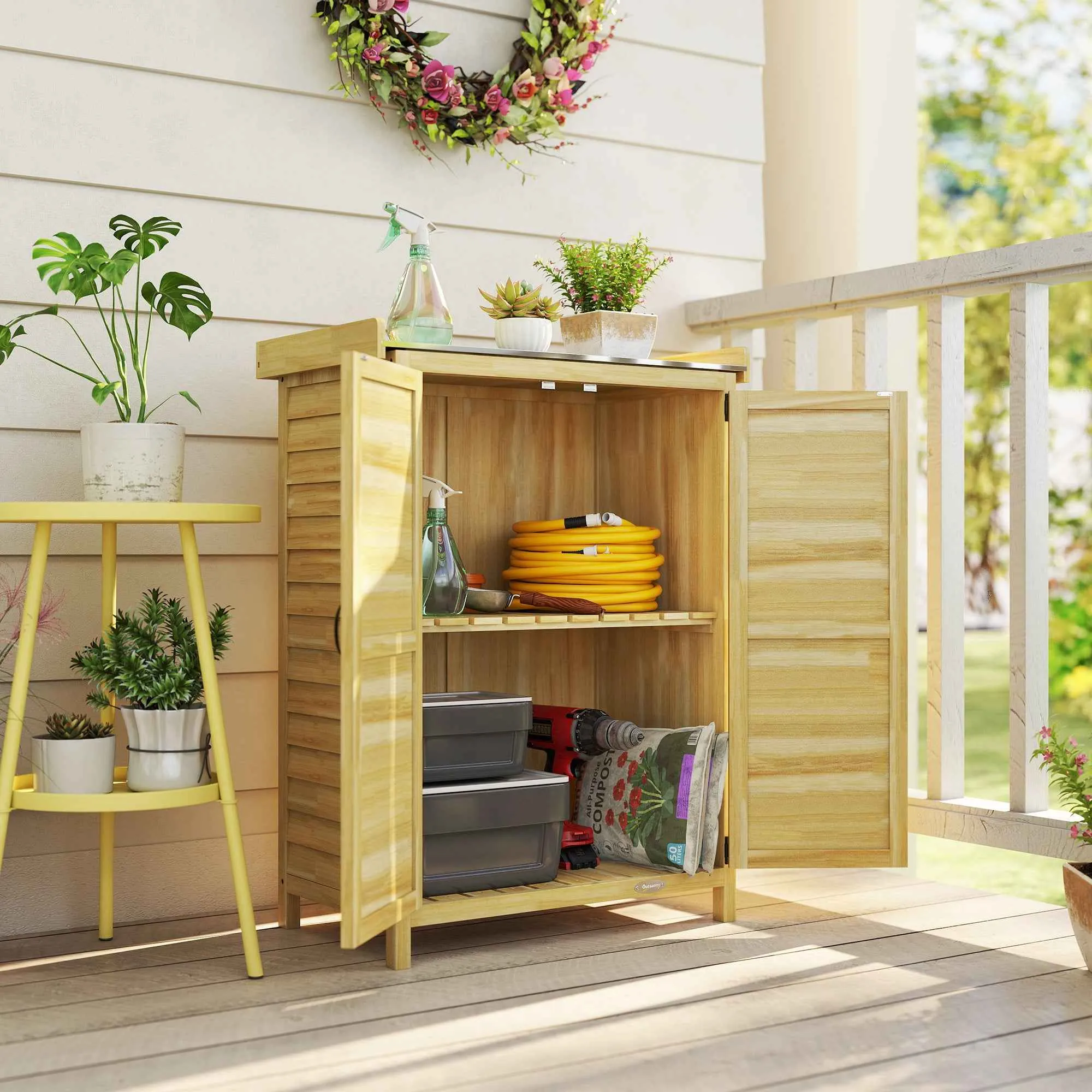Outsunny Wooden Garden Cabinet with Steel Top, Shelves and Hooks, 71.5x39x95 cm - Image 2