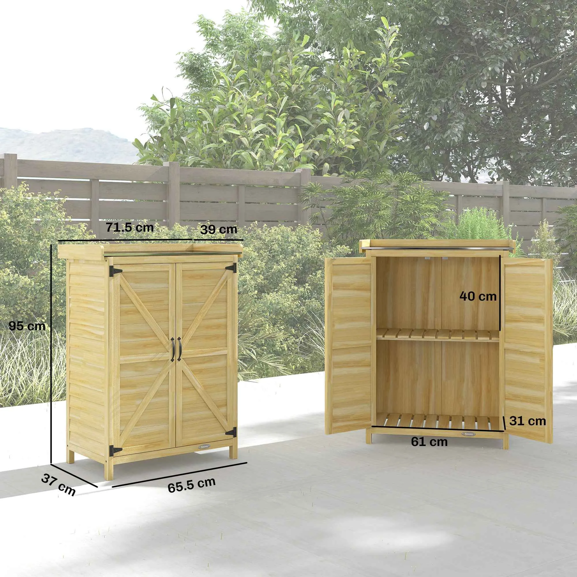 Outsunny Wooden Garden Cabinet with Steel Top, Shelves and Hooks, 71.5x39x95 cm - Image 3