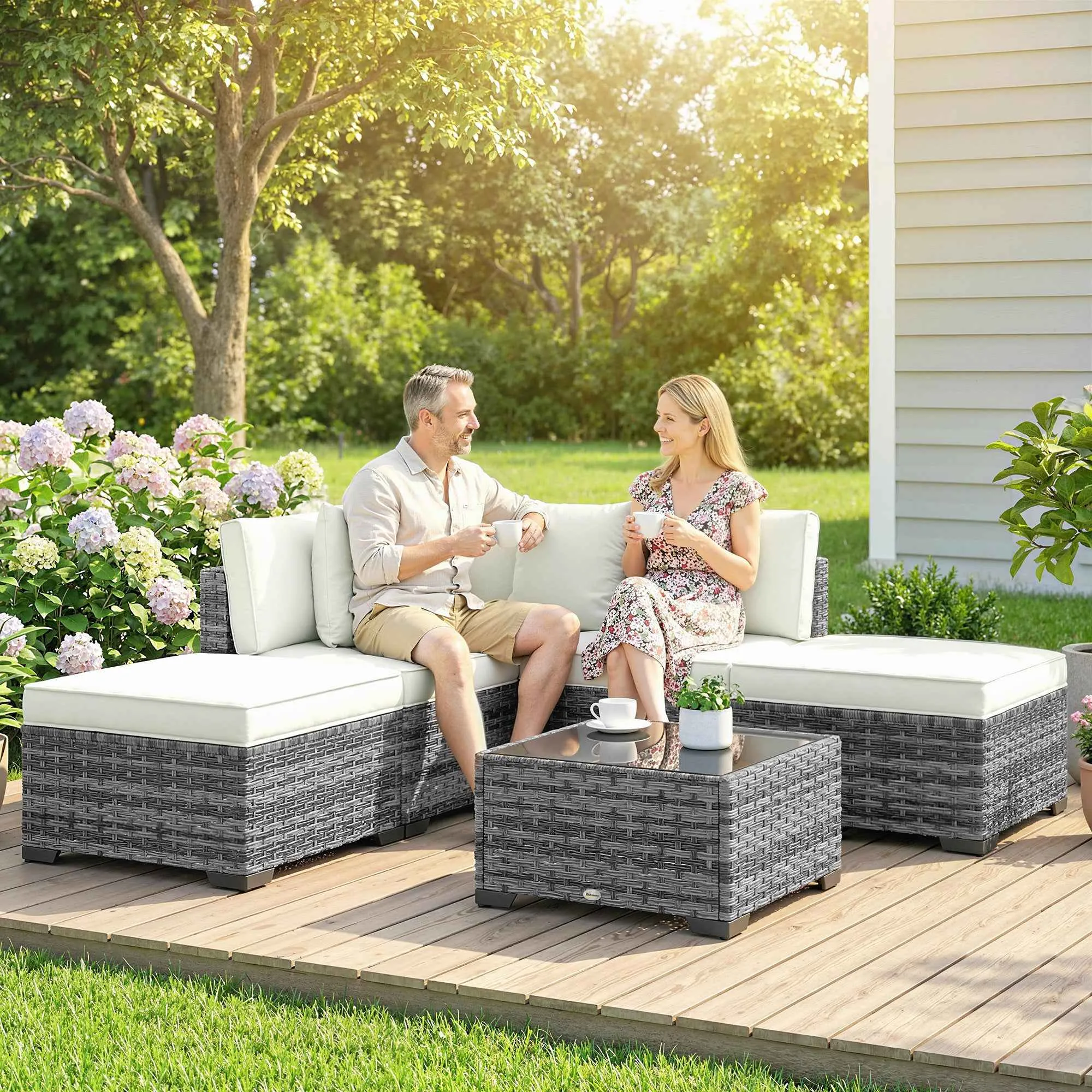Outsunny 6-Piece Rattan and Steel Garden Furniture Set with Sofa, Coffee Table, and Cushions, Grey - Image 2